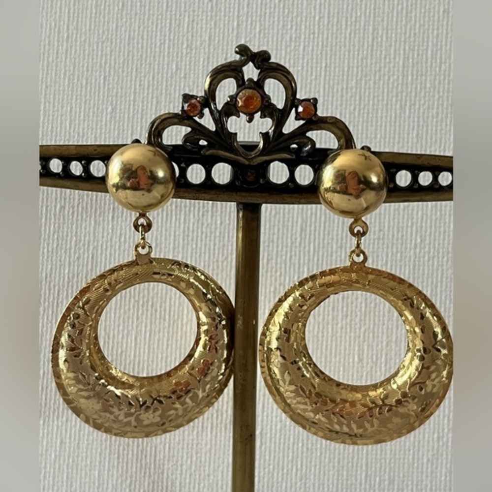 Large Round Drop Circle Stamped Vintage Earrings